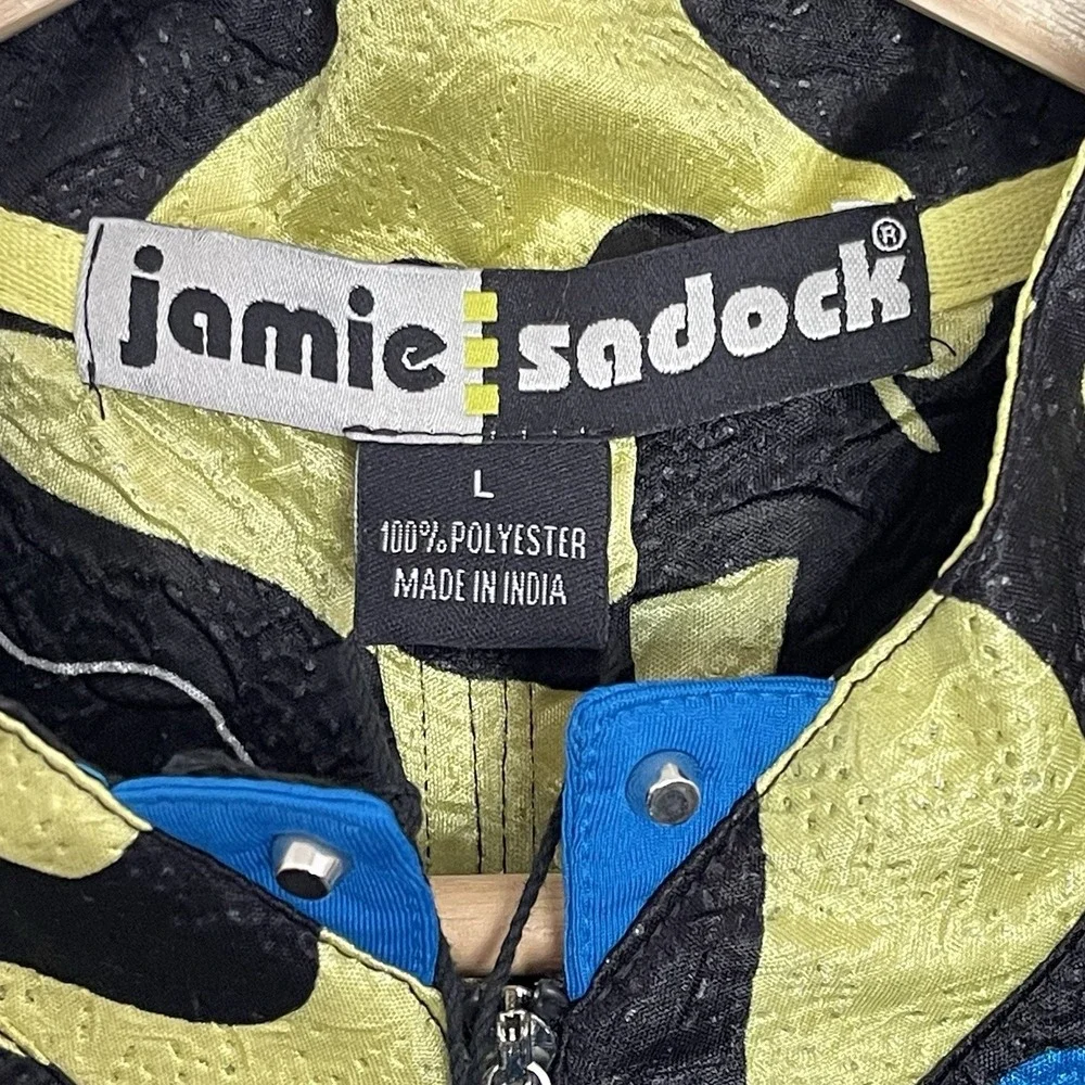 NEW Jamie Sadock‎ Golf Top Womens L Black Yellow Blue Abstract Zip UPF 30 Sporty